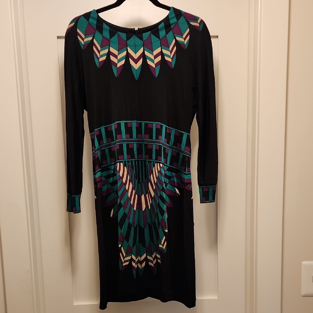 Tory Burch Black and Teal Geometric Long Sleeve Dress